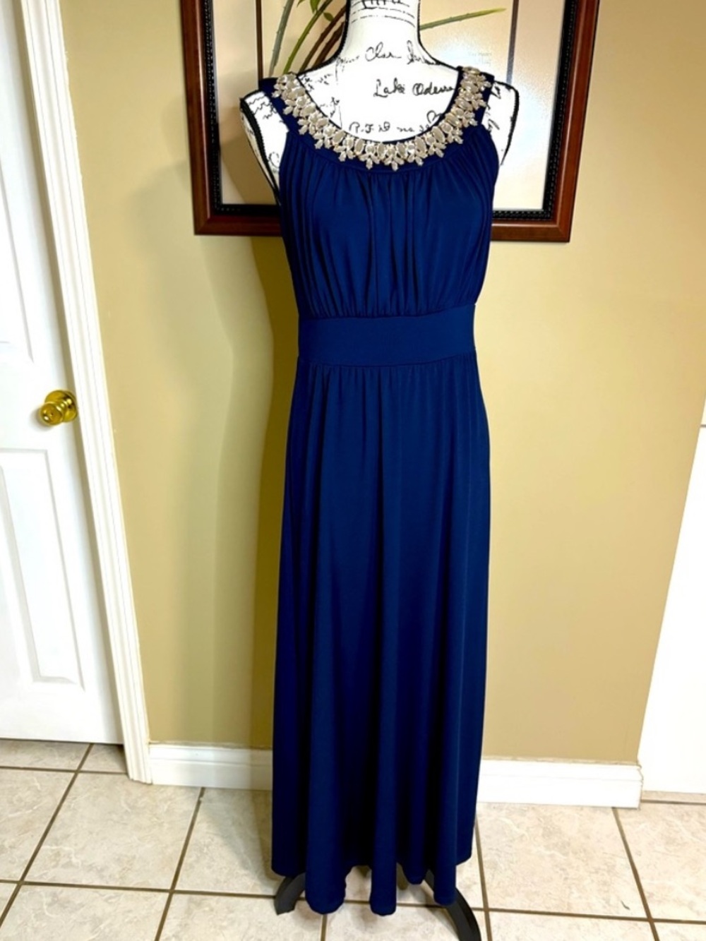 Embellished Navy Blue Sleeveless Maxi Dress
